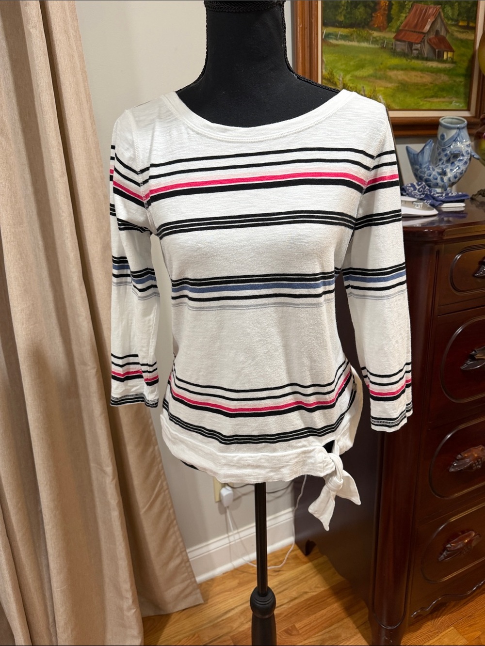Talbots White Striped Tie-Hem Dress with Pink, Blue & Black Stripes SP